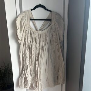 Free People Tan and White Puff Sleeve swing dress